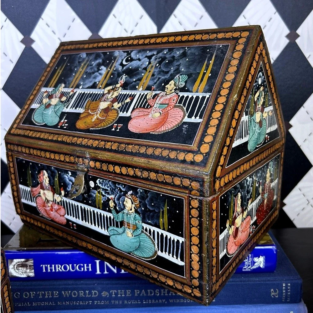 Vintage Indian Hand Painted Nesting Wooden Box Set of 3 Folk Art Storage Chests